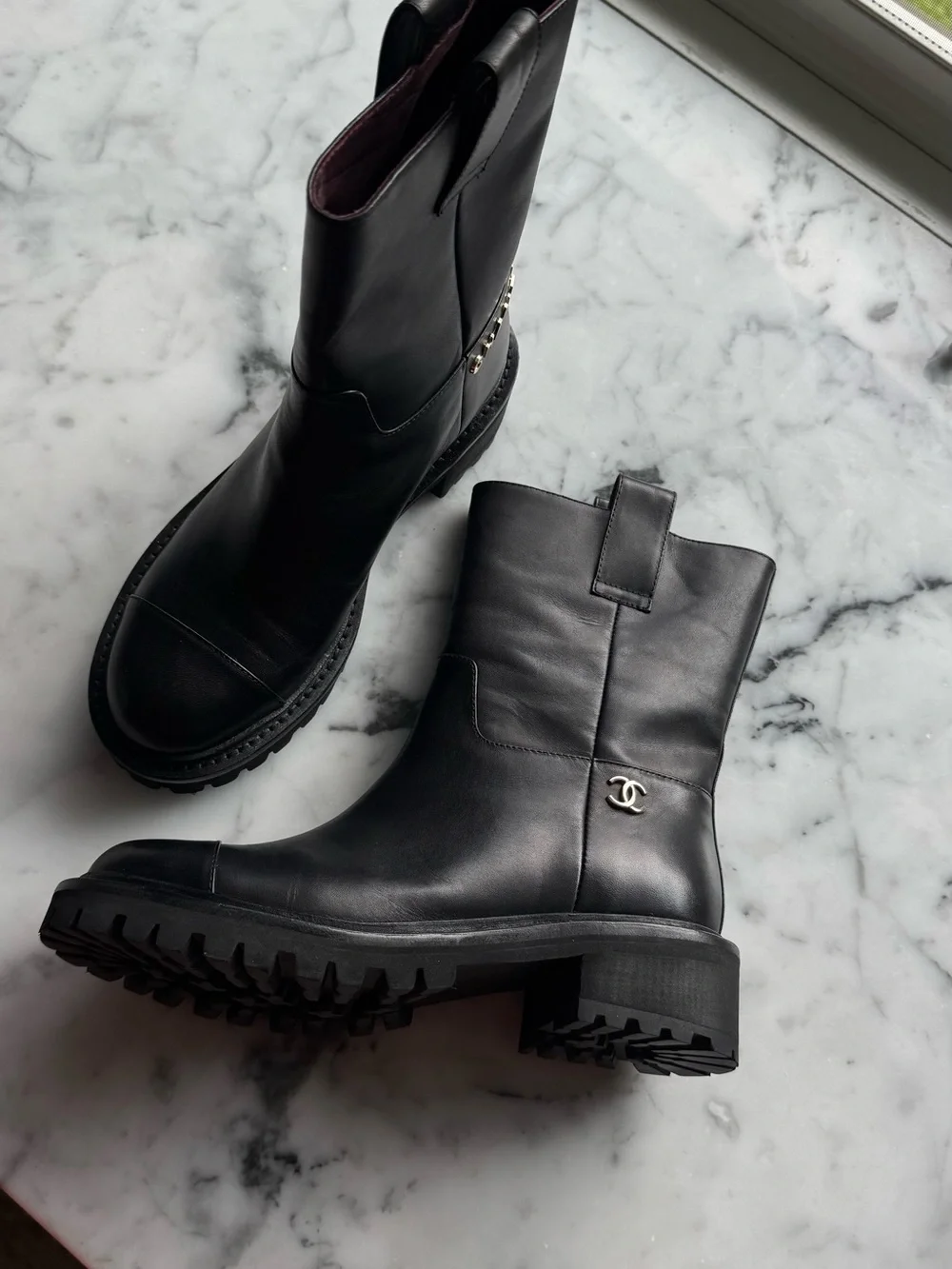 CHANEL Black Leather Lug-Sole Mid-Calf Combat boots